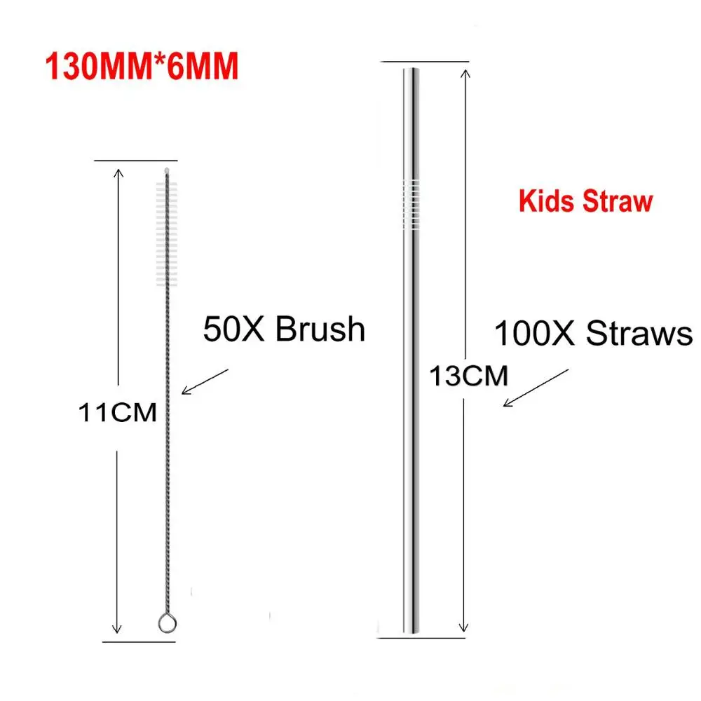 

FUHAIHE 100pcs/lot 130*6mm Kids Metal Straw Set Drinking Straw 304 Stainless Steel Reusable Straw with 50pcs Brush