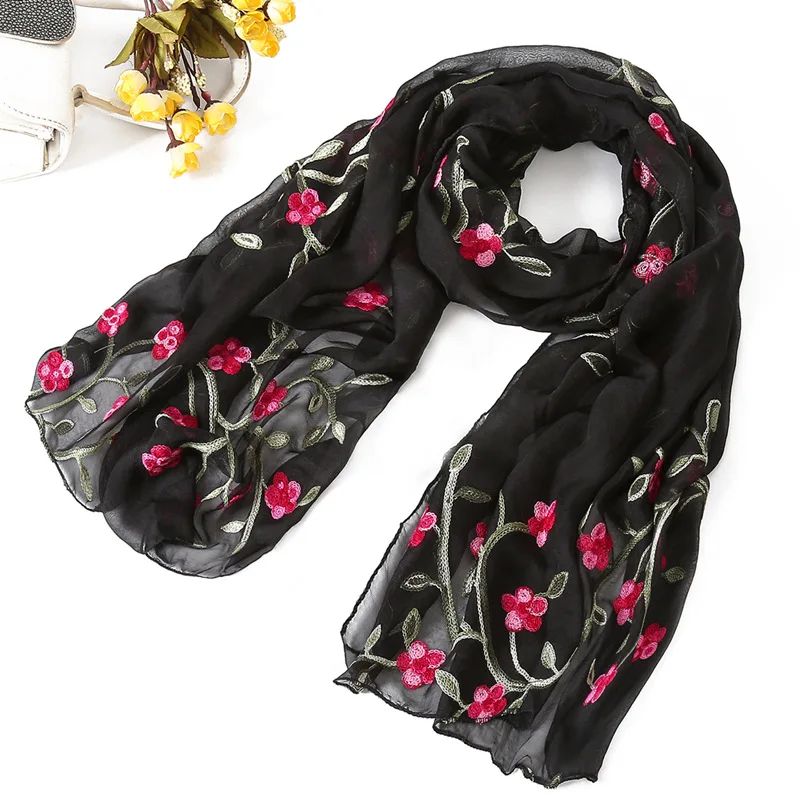 

2019 New Fashion Spring/Summer Women Flower Embroidery Silk Scarf Shawls Soft Female Wraps Beach Sunscreen Hijab