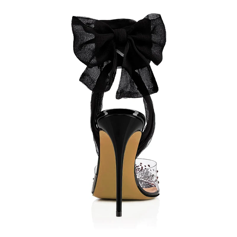 Crystal Clear Heels Transparent PVC High Heel Pumps Chiffon Ankle Wrapped Rhinestones Slingbacks Pointed Toe Wedding Party Shoes