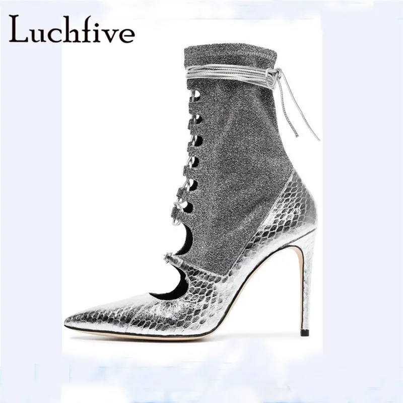 

Cut outs snake pattern ankle boots women thin high heels stretch fabric short boots silver pointy toe elastic shoes woman