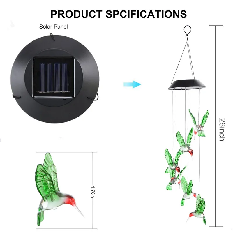 Солнечный светильник, ветряные колокольчики, для улицы, меняющий цвет, непромокаемый+ 2 крючка, грация, светодиодный Колокольчик для птиц или шариков, Декор для дома и сада