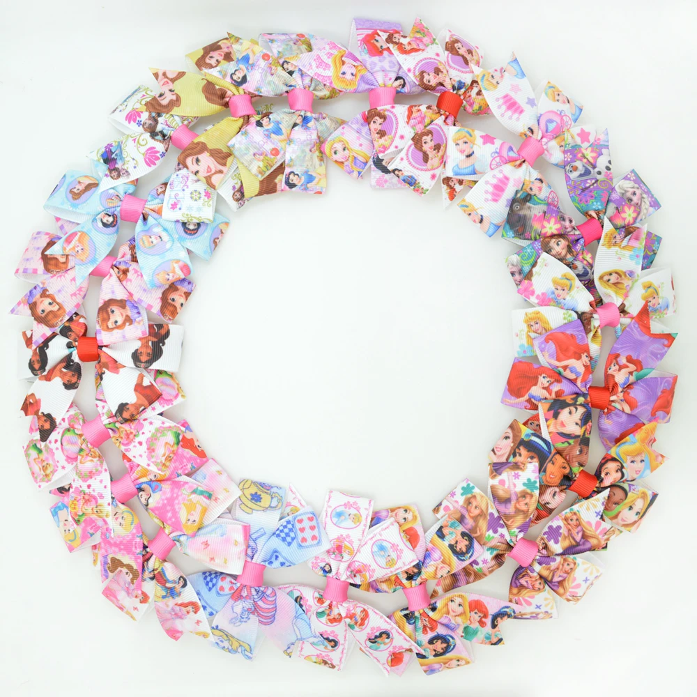 

DUWES 20pcs/lot 3.1" Inch Princess Printed grosgrain ribbon Bows Clips Girl's hair bow Headware Kids Hair Accessories MIX