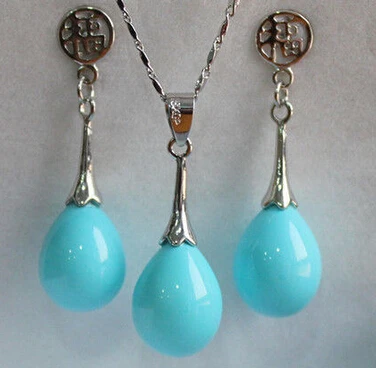 

pretty12x16 MM blue Seashell pearl pendant necklace earring hot Sell>jewelry Quartz Crystal Women Wedding