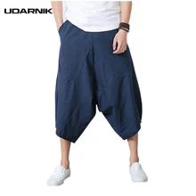 Мужские штаны-шаровары, мужские брюки, хлопчатобумажное белье, укороченные брюки до середины икры, в китайском стиле, свободные брюки с заниженным шаговым швом, укороченные, большие размеры, 201-887