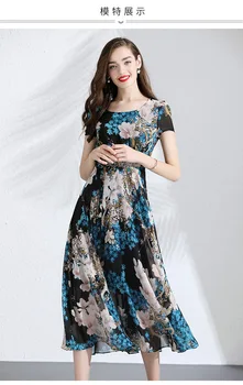 

Midi Dress Summer Women 2019 New Flowers Printed Round Neck Short Sleeves Slim Empire Waist A-Line Elegant Chiffon Dress Female