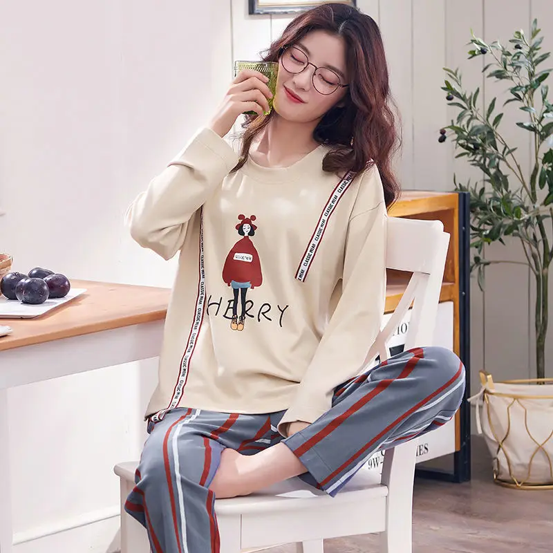 

Big Yards M-3XL Women Pajamas Sets 100% Cotton Nightwear Spring Autumn Long Sleeve Pyjamas O-Neck Sleepwear Female Pijamas Mujer