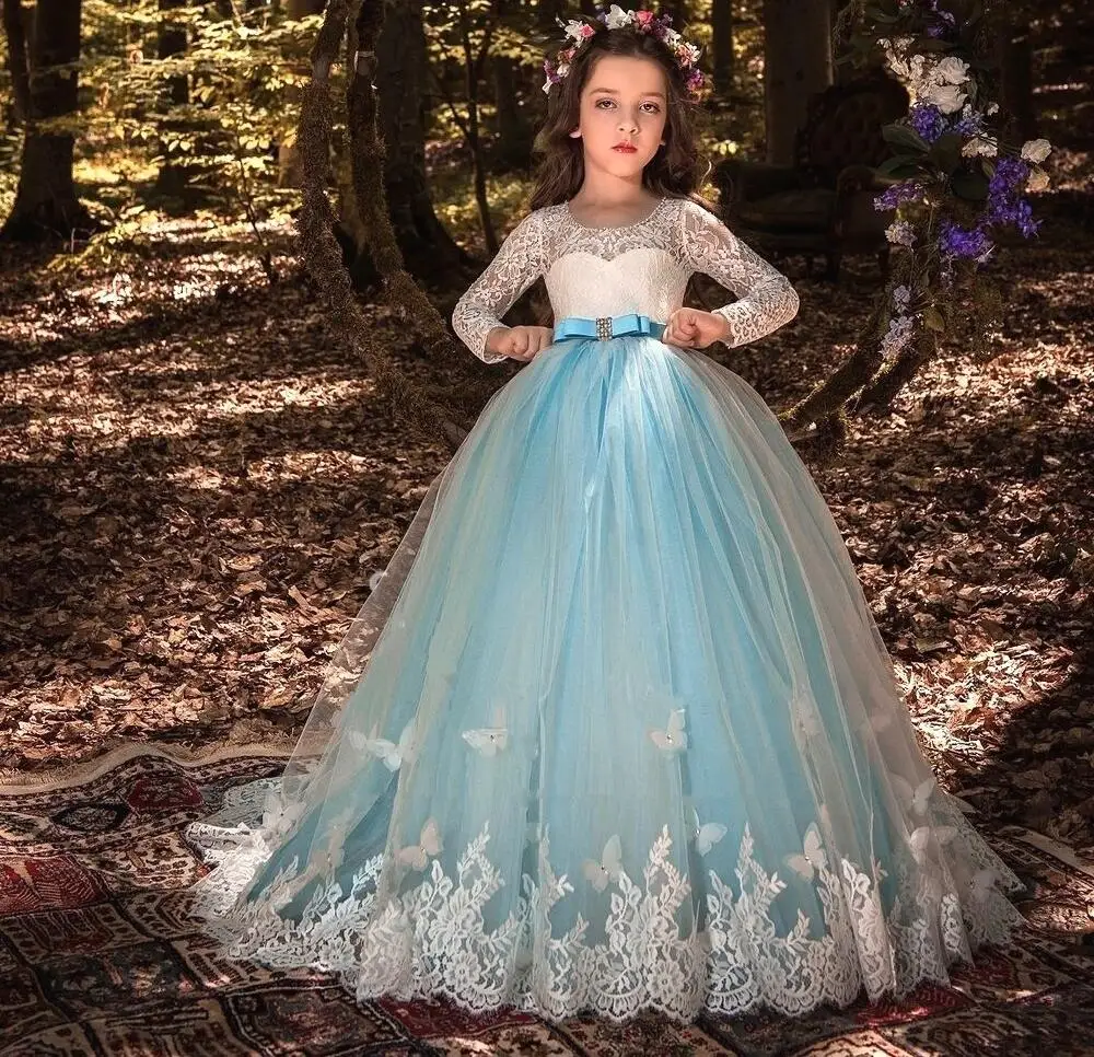 Romantic Puffy Tulle Lace Long Sleeve Flower Girl Dress For Weddings Organza Ball Gown Girl