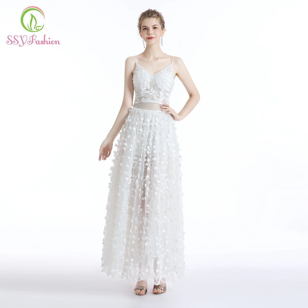 

Clearance White Lace Evening Dress Sexy V-neck Strap Sleeveless Floor-length Party Gown Formal Dresses Robe De Soiree