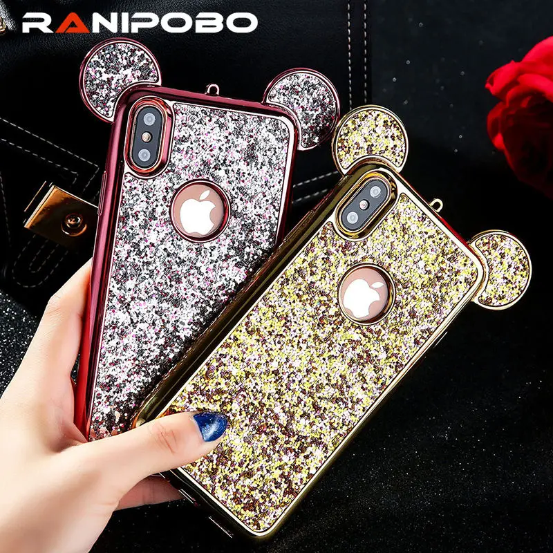 

Fashion 3D plating Glitter Bling Mouse Ear Phone Case For iPhone X Soft electroplate shiny Silicone Back Cover Case