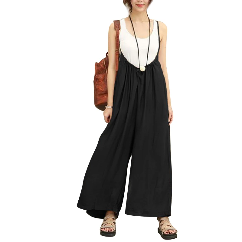 

Women Solid Wide Leg Pants Sleeveless Dungarees Ladies Casual Cotton Linen Spaghetti Straps Jumpsuits Long Trousers Rompers
