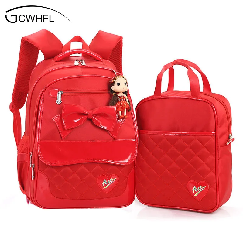 New 2017 Red Color 2Pcs Set Backpacks Children School Bags For Girls