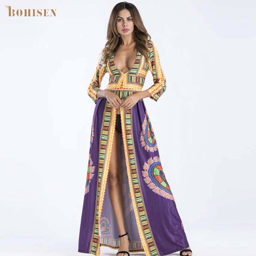 

BOHISEN African Print Women Maxi Dress Dashiki Deep V-Neck Long Sleeve Elastic Tribal Print Front Long Slit Ladies Party Clothes