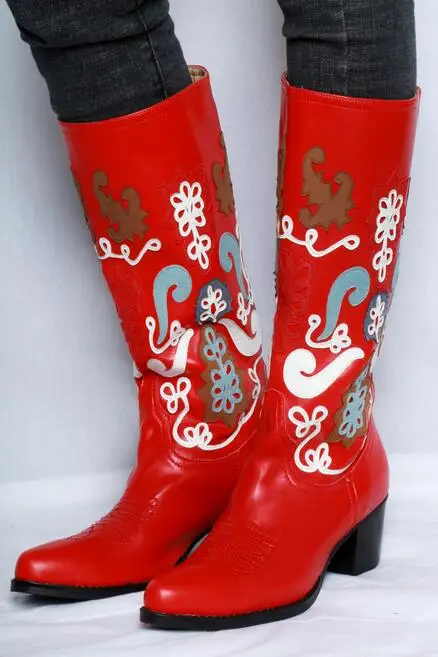 Las Estampado Rojo Hasta Grueso Rodilla Picture De Botas Dropship La Mujer Mujeres Tacón Caballero As Punta Cuero Patente Invierno OE67xE