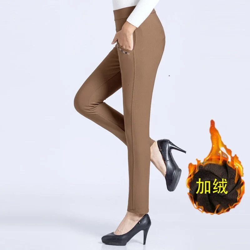 Весенние Новые брюки размера плюс для мам, высококачественные однотонные Стрейчевые брюки с карманами, женские офисные Повседневные базовые узкие брюки - Цвет: khkai thick