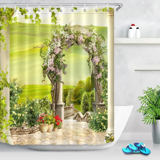 LB Digital Beautiful Green Garden with Flowers Arch Waterproof Scenic Shower Curtains Bathroom