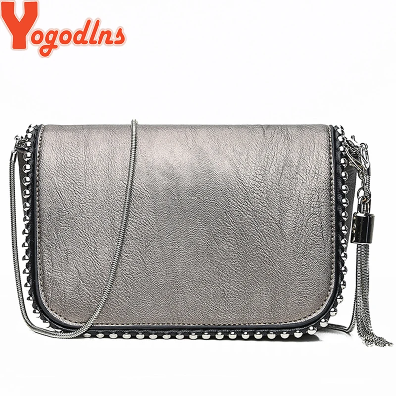 

Yogodlns British Fashion Simple Small Square bag Women Designer Handbag High quality PU leather Rivet Tassel Chain Shoulder Bags