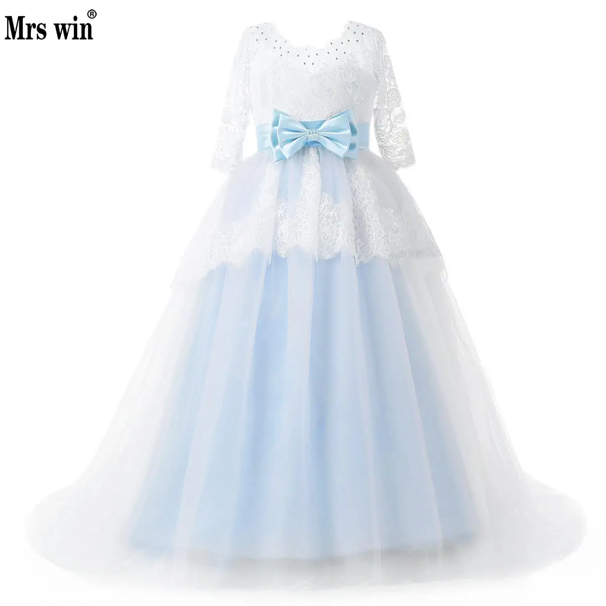 Pageant Dresses For Girls Sky Blue Lace Applique Tulle With Crystal 