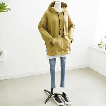 

BF Style Female Ginger yellow Cotton Pullover Casual Loose Version Kangaroo Pocket lacing fashion Simple Wild Hooded Sweatshirt