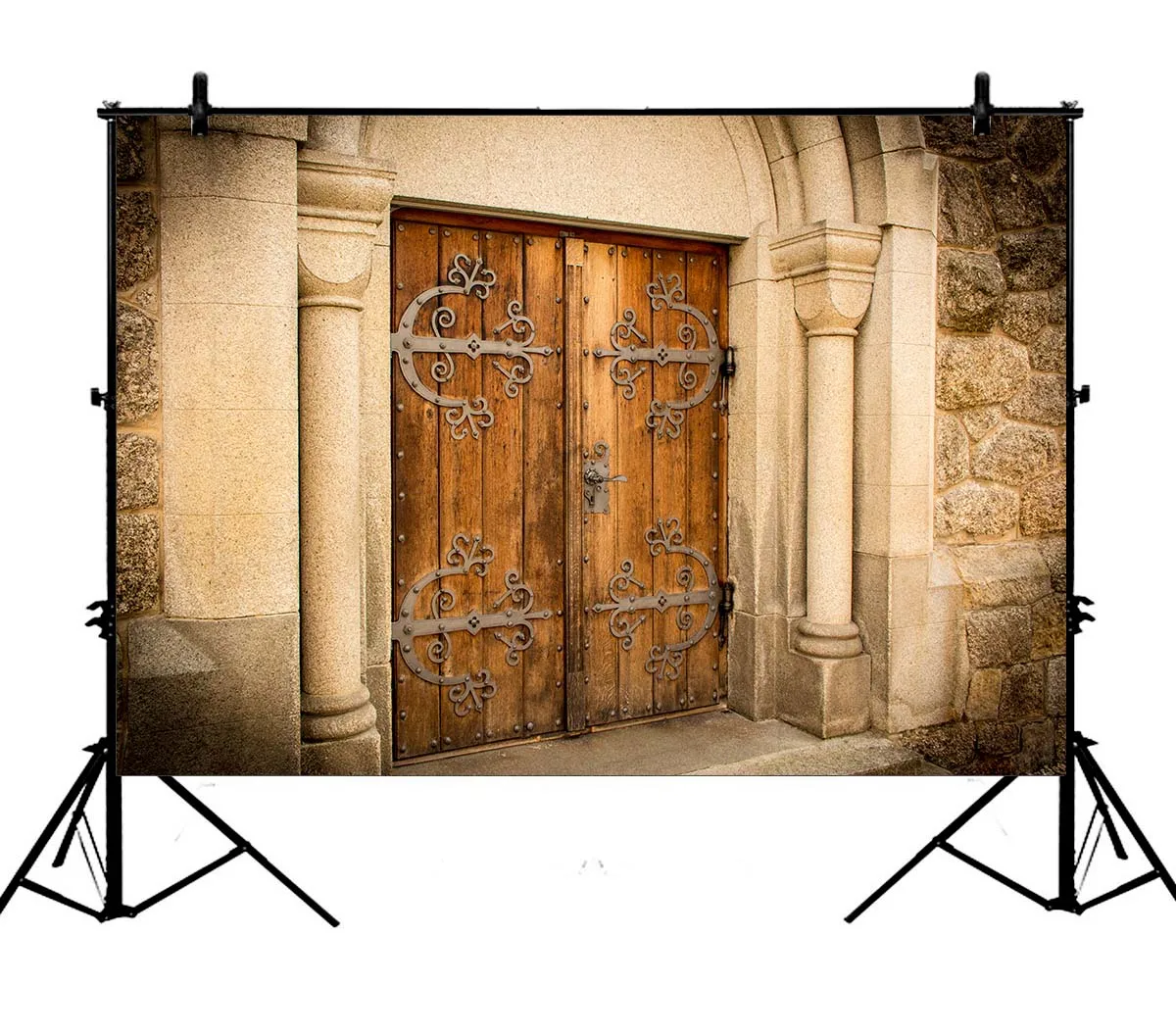 

5x7ft Ancient Church Wood Door Rock Stones Pillars Grunge Polyester Photo Background Portrait Backdrop