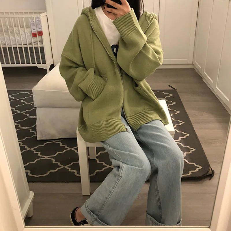 

7 colors 2018 autumn and winter korean style loose big pocket zipper sweater knitted thicking cardigans womens (X862)