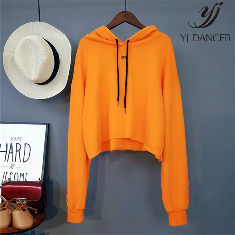 

2018 Fashion New Spring Big V Letter Orange Hooded Short Hooded Long-Sleeved Loose High Waist Umbilical Female Hoody H038