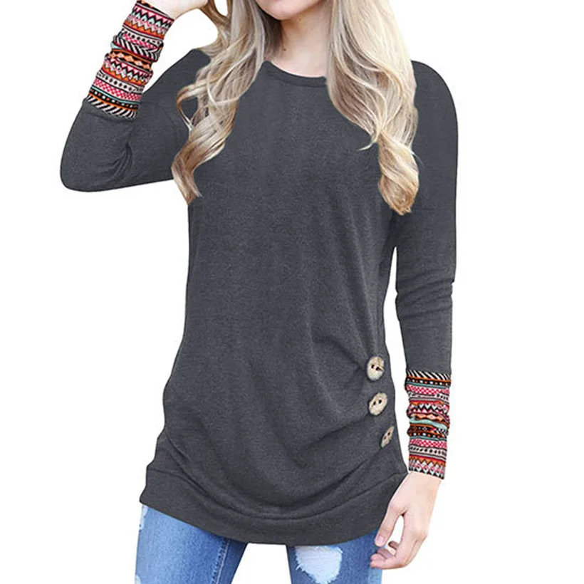 

Women Black Top Fashion Button Pleated Long Sleeve T-Shirts Brand 2019 Autumn Spring T-shirt Casual O Neck Lady Top Green Grey