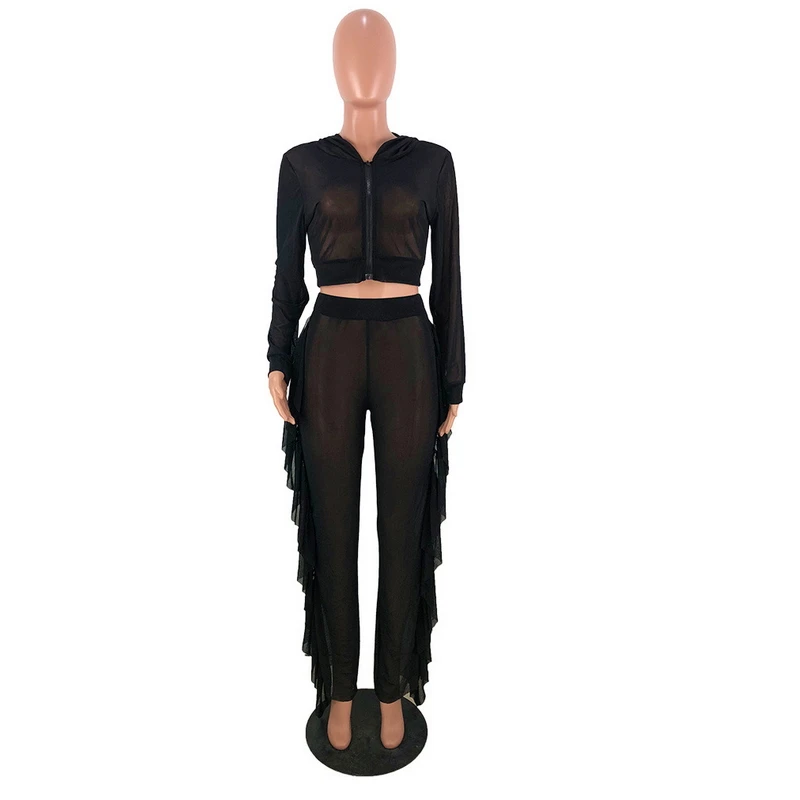 2019 Black Mesh Two Piece Set See Through Hoodies Crop Top Stringy Selvedge Ruffles Side Long Pants Sweat Suit Sexy Perspective