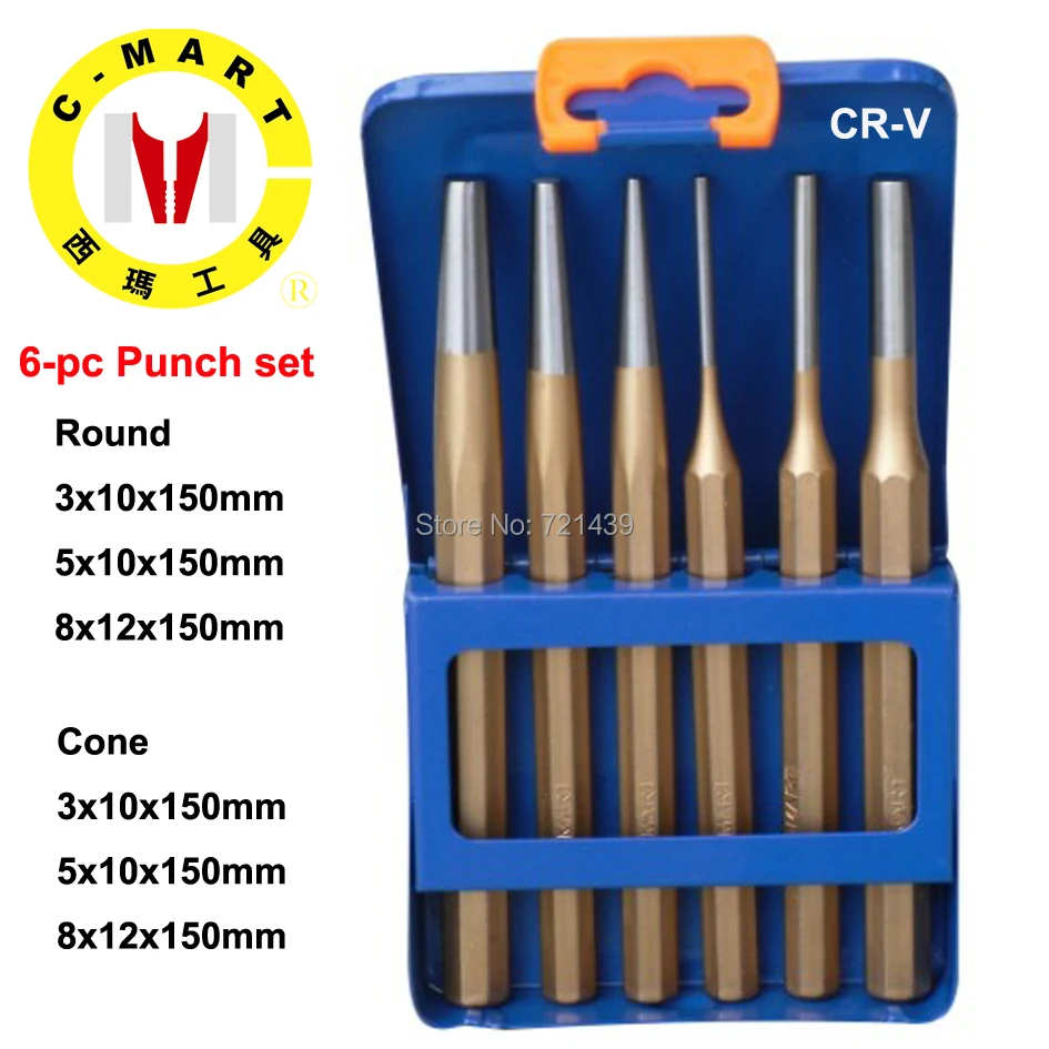 C MAR tools 6pcs Pin Punch Drift Punches Set Chromium Vanadium Steel