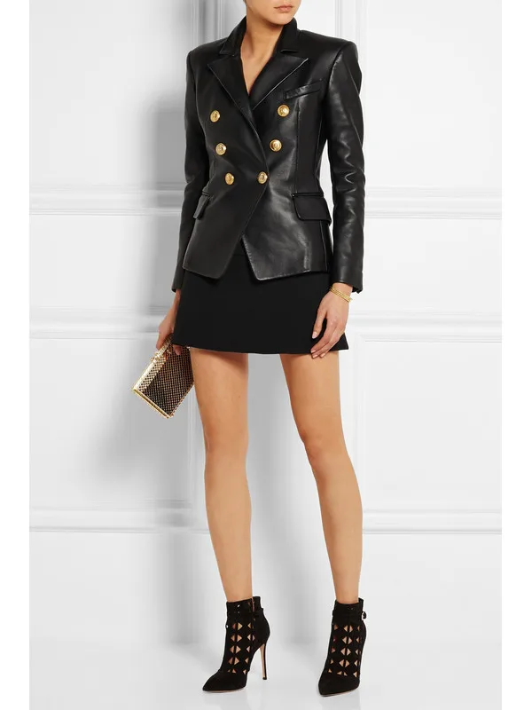 Yidora Роскошная модная подиумная женская черная двубортная куртка из натуральной овечьей кожи золотые пряжки тонкий кожаный пиджак