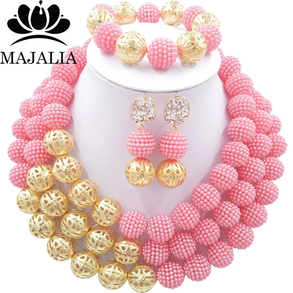 

Majalia Fashion Nigerian Wedding African Jewelery Set Pink Crystal Plastic Pearl Necklace Bride Jewelry Sets 3SQ031