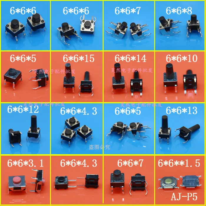 

cltgxdd 6*6 Tact Switch Tactile Push Button Switch Kit, Height: 1.5MM~15MM DIP4 Tact switch 6x6