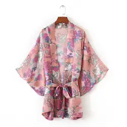 Цветочные принты Повседневное свободные Для женщин Кимоно-сорочки осень 2017 г. новые модные с рукавами «летучая мышь» с бантом на поясе Femme
