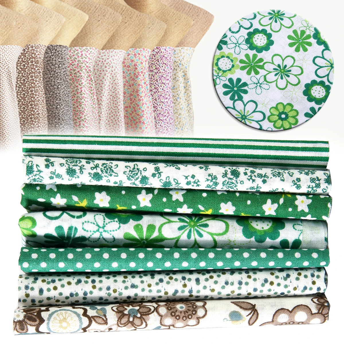 

2019 7pcs 25*25cm Green Cotton Fabric Dot Striped Floral Printed Assorted Squares Pre-Cut Quilt Quarters Bundle DIY Patchwork