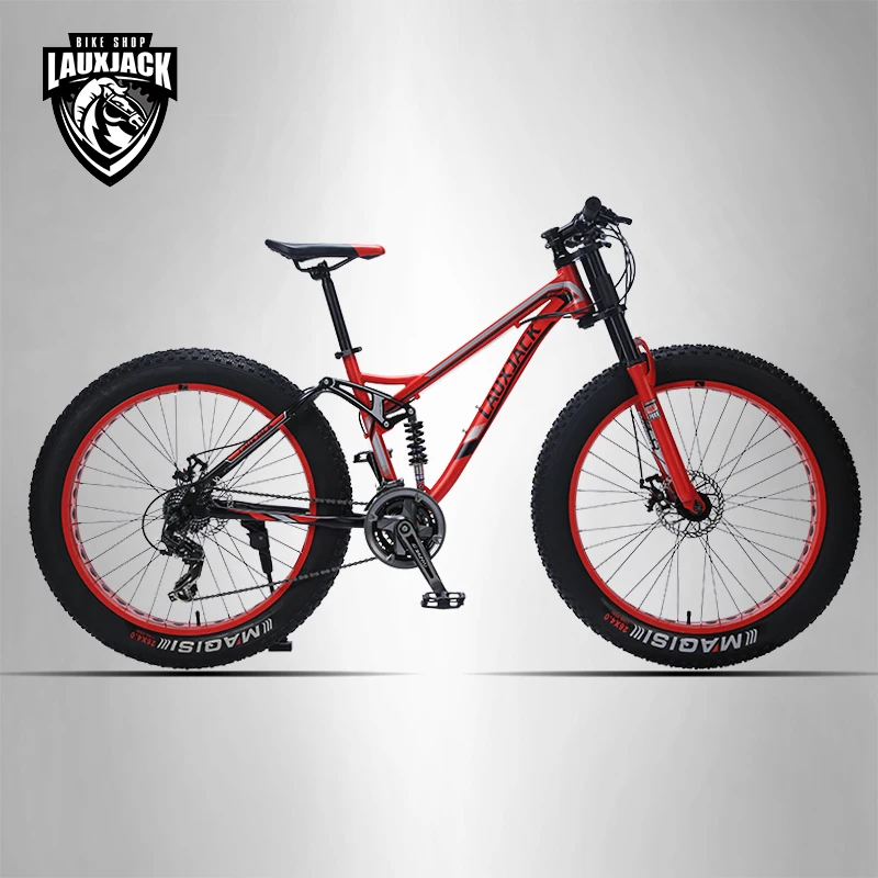 Best LAUXJACK Mountain bike steel frame 24 speed Shimano mechanical brakes 26 "x4.0 wheels long fork FatBike 1