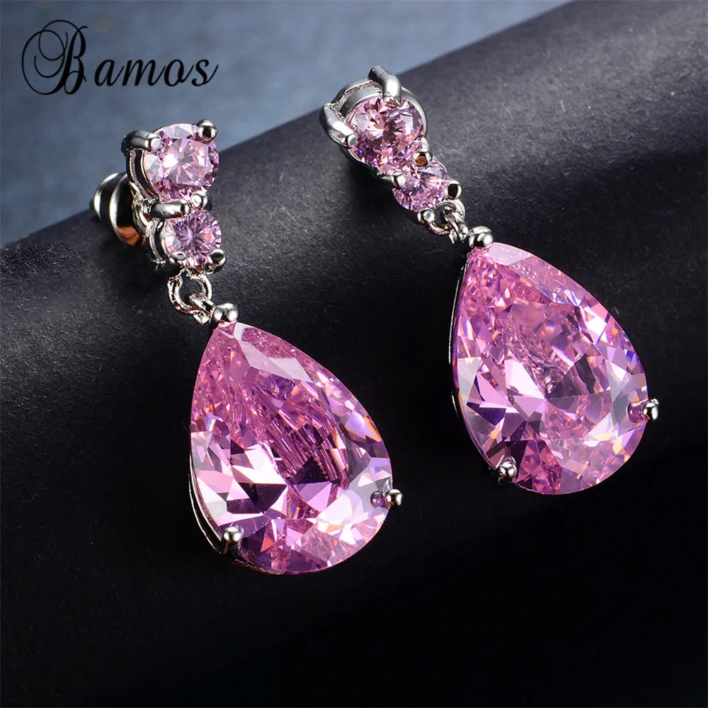 Luxury Female Crystal Water Drop Earrings Fashion 925 Sterling Silver Dangle Earrings Pink Blue Purple Earrings For Women