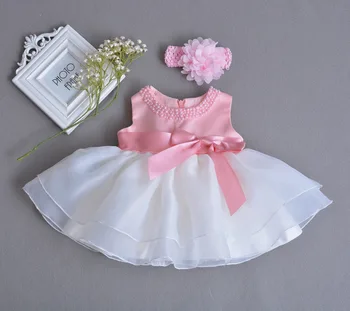 

2017 Baby Girls Summer Princess Dress With Headwear,flower Girl Pearls Big Bow Party Birthday Dresses Newborn Clothes