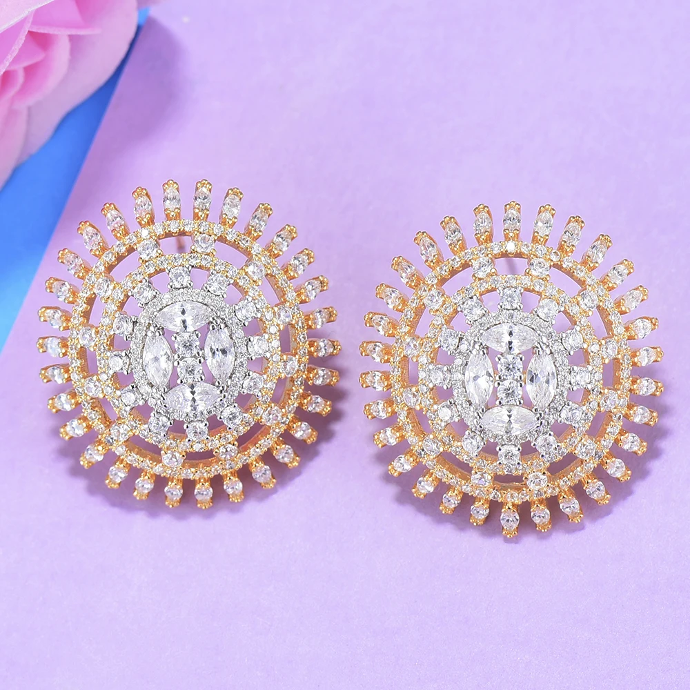 

GODKI Luxury 2 Tone SunFlower Retro Stud Earrings For Women Wedding Cubic Zircon CZ Bridal Earrings Bohemia Hot High Jewelry2019