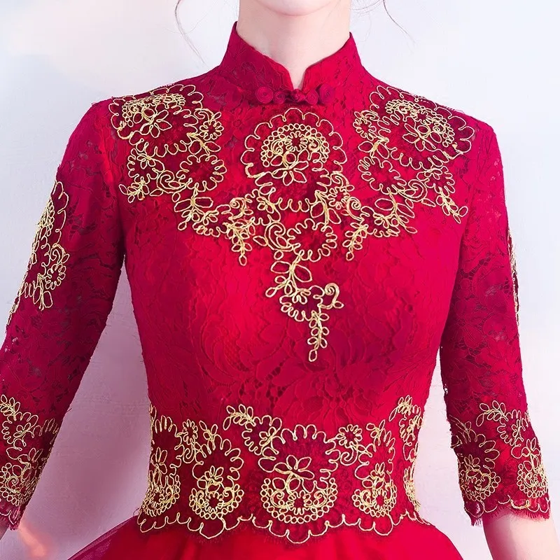 Красное платье Чонсам Сексуальное Кружевное Свадебное Qipao женский Традиционный китайский новогодний костюм восточные стильные вечерние одежды Qi Pao