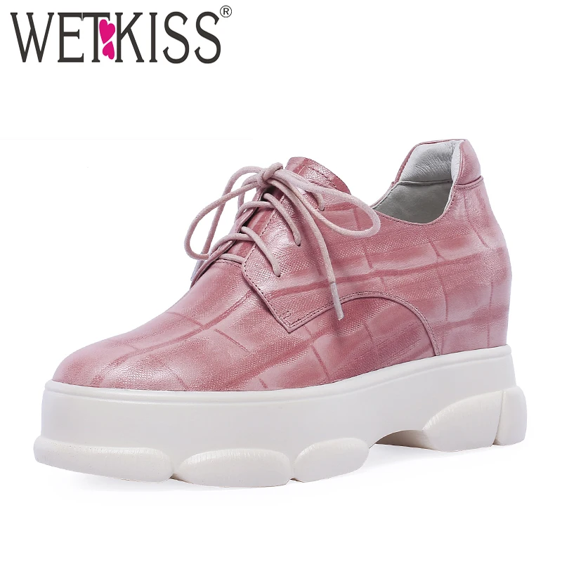 

WETKISS Emboss Leather Flats Women Lace Up Round Toe Footwear Fashion Casual Elevator Shoes Female Platform Shoes Woman Spring