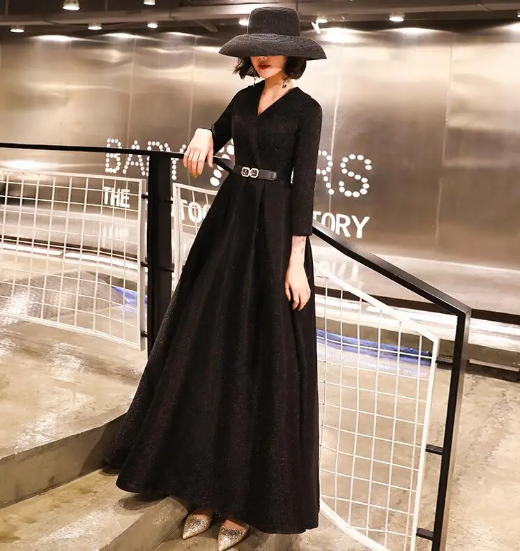 Robe De Soiree вечернее платье черное с v-образным вырезом и длинным рукавом Вечерние платья длинное платье LYFY137 - Цвет: Черный