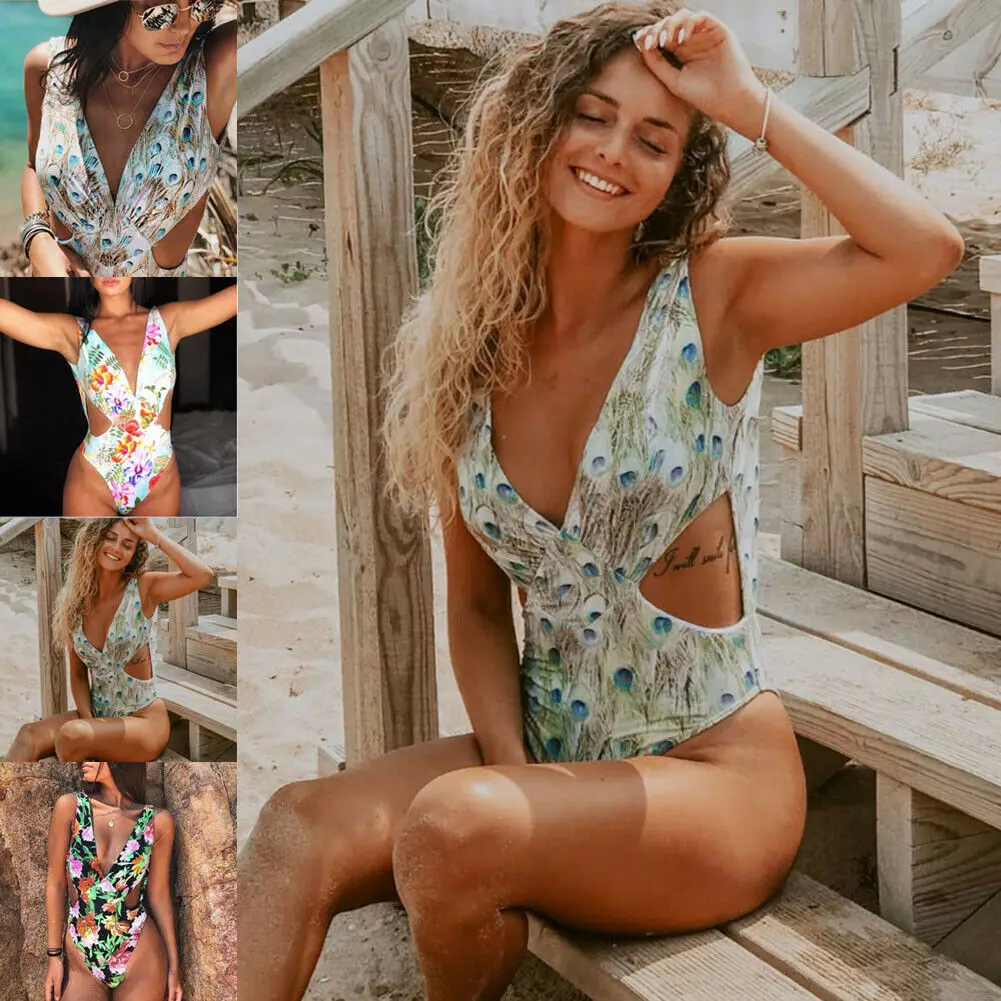 

New Style Women's One-Piece Swimsuit Bandage Push-up Padded Bra Bathing Deep V Neck Swimwear Print Hollow Out Fashion Hot 2019