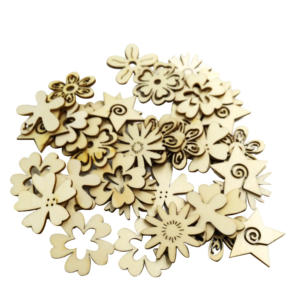 50 Pieces Mixed Natural Wood Flower Shapes Embellishment Craft Scrap
