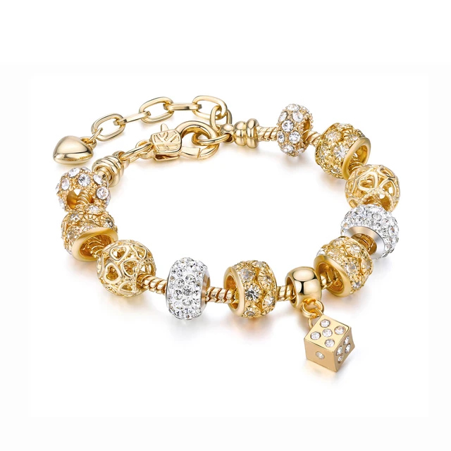 Luxury Brand Crystal Heart Silver Charm Bracelet & Bangles Gold