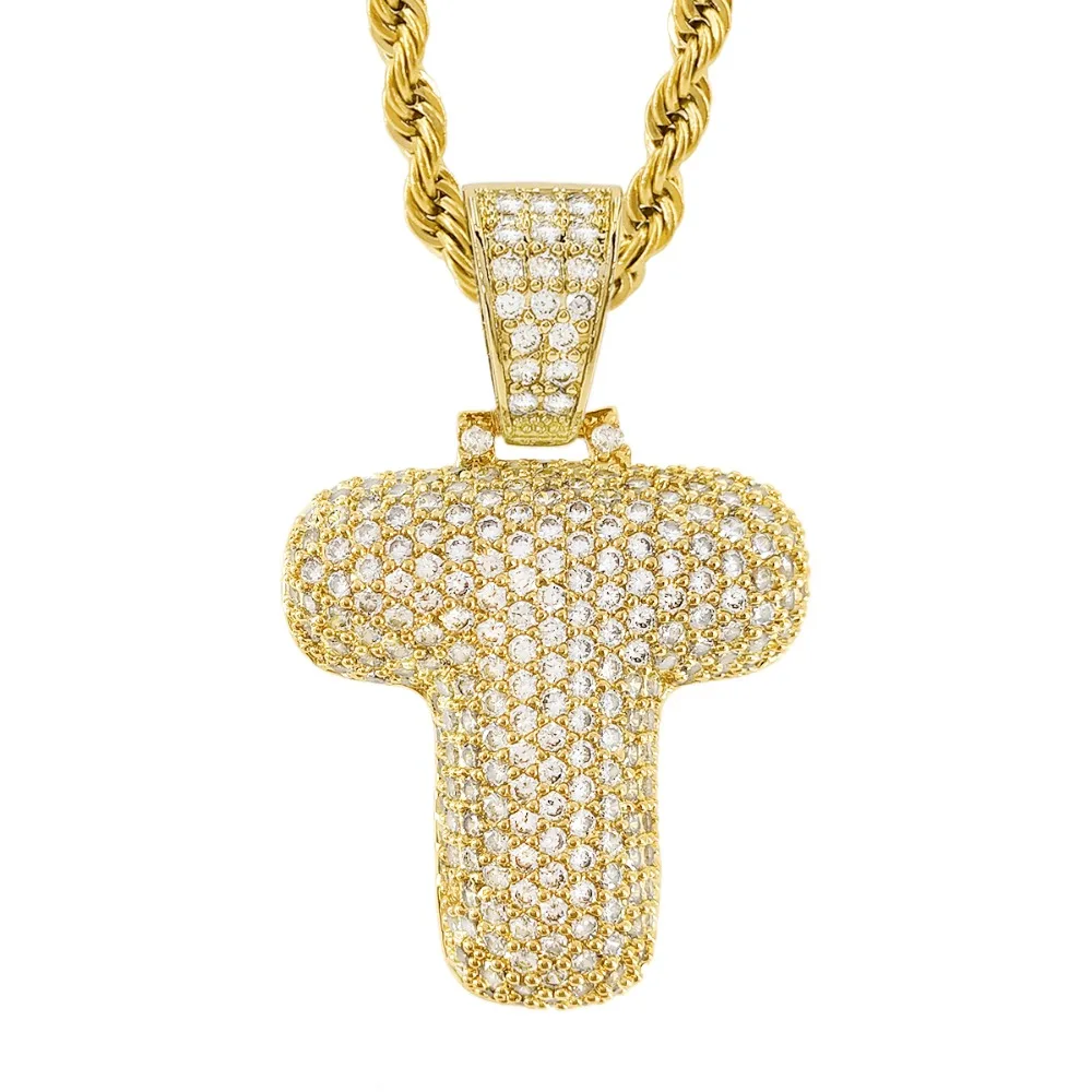 Custom Bubble Letter T Initial Pendant Brass Iced Out ...