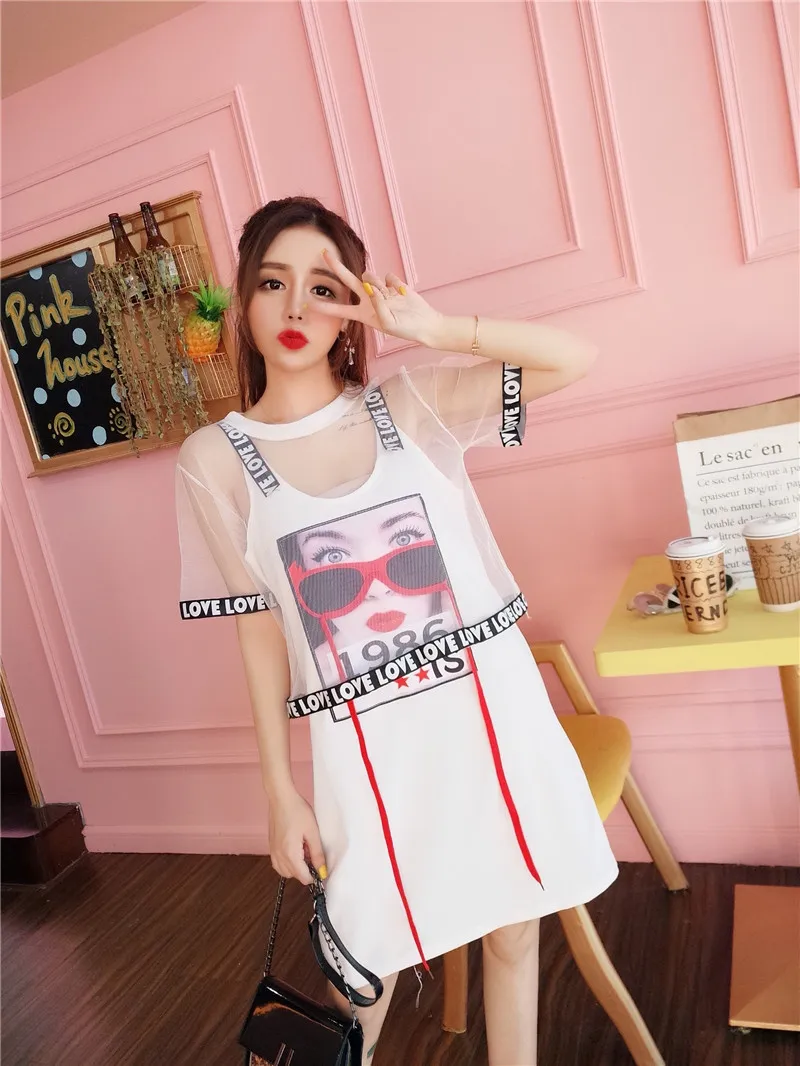 

Beach Casual Women Suits Mesh Perspective Short Tops+Letter Spaghetti Strap Printed Pattern T-Shirts Dress 2-pieces Sets