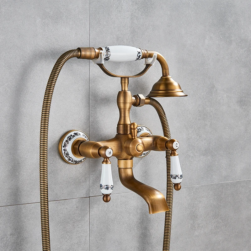 Bathtub Faucet Antique Brass Wall  Mounted Tub Sink Dual Handle With Handshower Bathroom Bath Shower Set Freestanding Mixer Tap 2