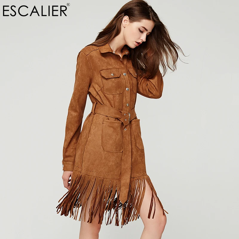 

ESCALIER Vintage Dress Women Solid color Tassel Hollow Vintage Dresses Long Fashion Suede Casual Maxi Straigh Dresses