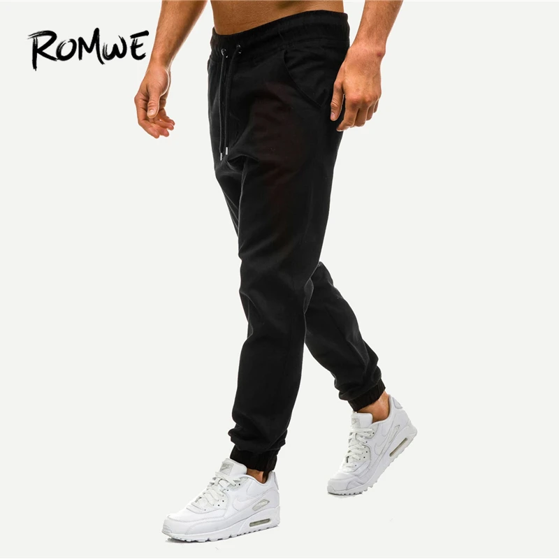 ROMWE Men Drawstring Waist Solid Pants Black Cozy Pockets Long Pants 2019 Spring Autumn Comfort Mid 3