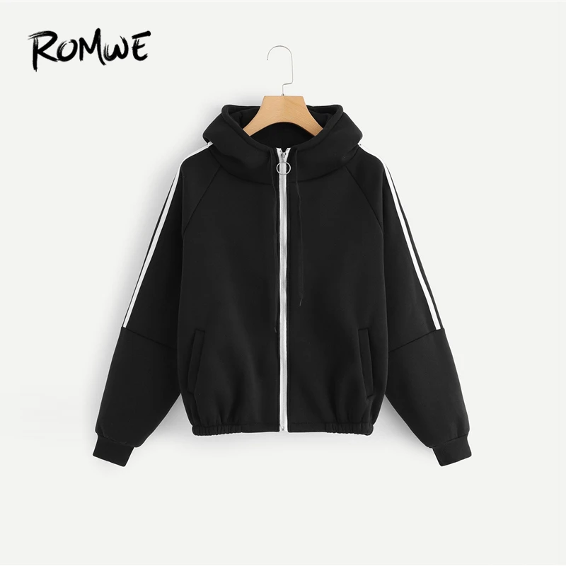 ROMWE Raglan Sleeve Zip Up Jacket 2019 Black Cool Women Drawstring Spring Autumn Outer Long Sleeve Zip Up Hoodie Coat