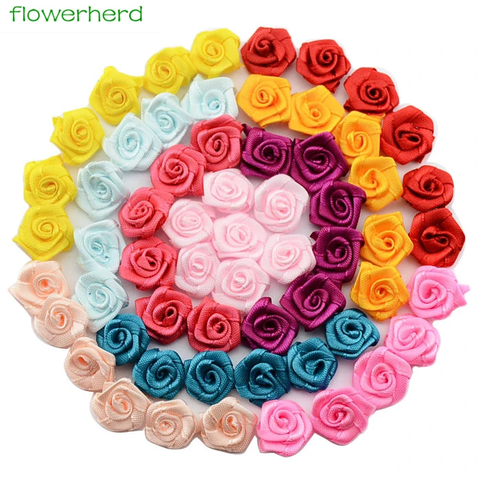 

100pcs/lot Handmade 15mm Satin Rose Ribbon Rosettes Fabric Flower DIY Wedding Decor Bow Appliques Craft Sewing